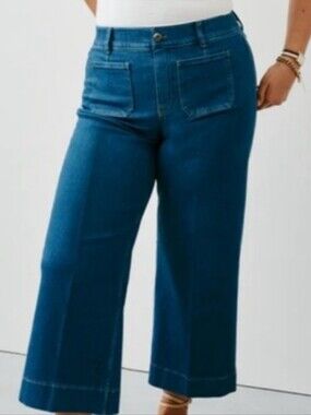 2XT SPANX Cropped Wide Leg Denim Jeans Blue 2X Tall Patch Pocket